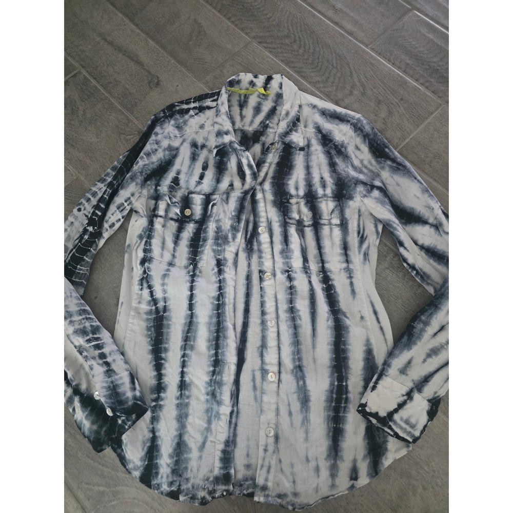 Green Dragon Womens Black White Tie Dye 100% Linen Button Up Shirt M Black White